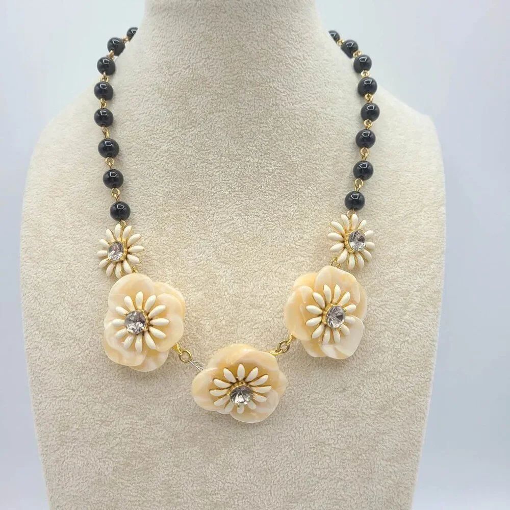 Talbots Black Bead Flower Necklace with Crystals NWOT! - Picture 2 of 11